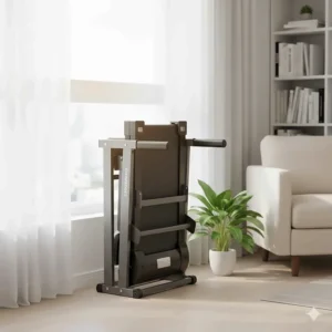 A compact, folding manual treadmill tucked away in a small apartment corner to show space-saving benefits for seniors.