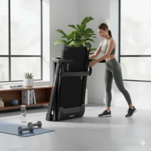 A manual treadmill under $200 being folded and stored upright against a wall to save space.