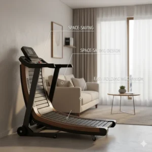 A compact manual treadmill folded upright to demonstrate space-saving storage in a small room.