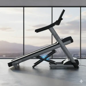 Side view illustration of a treadmill deck at a 15 percent incline for high performance uphill running simulations.