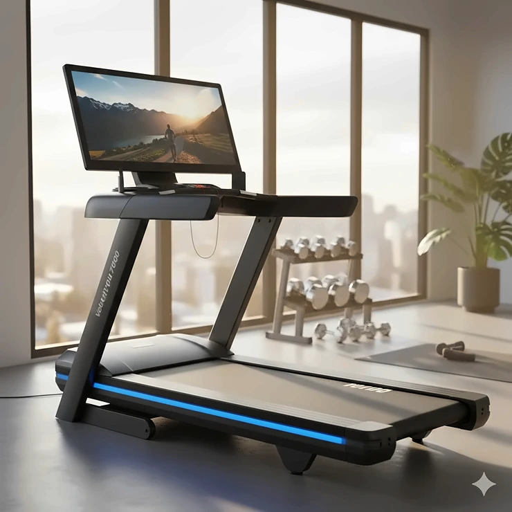 A premium high performance treadmill with a large touchscreen display positioned in a modern home gym setting.