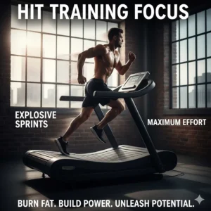 Illustration of an athlete performing high-intensity interval training (HIIT) sprints on a motorless curved treadmill.