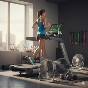 A dedicated home gym space optimized for marathon training featuring a heavy-duty treadmill and cooling fans.
