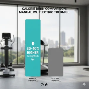 A bar graph comparing the higher calorie burn rate of a manual treadmill workout against a motorized treadmill.