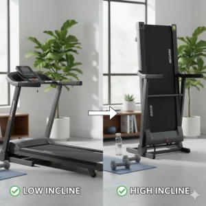 Illustration showing the adjustable incline positions on a budget-friendly manual walking machine.