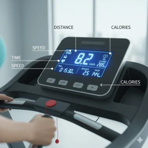 Close-up of a manual treadmill console displaying time, distance, speed, and calories.