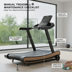 Graphic showing key maintenance areas for a manual treadmill including belt alignment and cleaning.