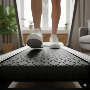 Detail view of a textured, non-slip walking belt surface on a manual treadmill to prevent senior falls.