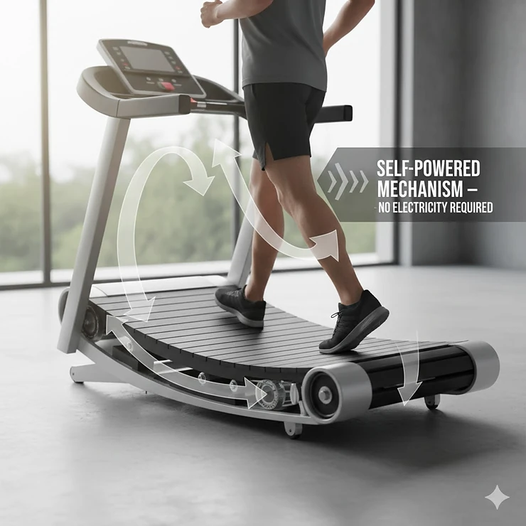 Diagram showing how a runner's foot strike powers the belt of a manual treadmill without electricity.