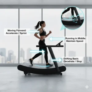Visual showing how a runner’s position on a curved belt controls acceleration and deceleration without buttons.