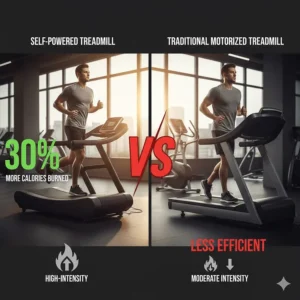Infographic comparing the 30% higher calorie burn on a self-powered treadmill versus a traditional motorized model.