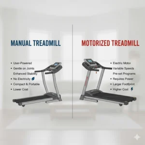 Infographic comparing the benefits of manual treadmills versus motorized versions for senior users.