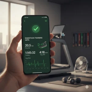 Illustration of a treadmill syncing long-run data to a fitness app on a smartphone.