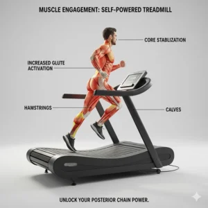 Muscle heat map highlighting increased glute, hamstring, and core activation when using a self-powered treadmill.