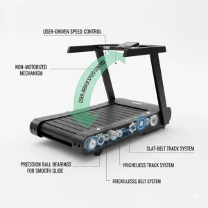 Illustration of the self-powered belt mechanism on a curved treadmill, emphasizing user-driven speed control.
