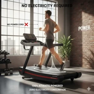 Illustration of a runner powering a manual treadmill without a power cord, emphasizing zero electricity consumption.
