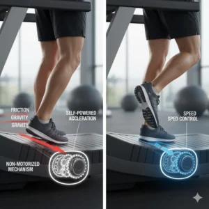 Close-up of a runner’s feet accelerating a curved treadmill belt using friction and gravity without a motor.