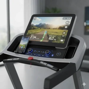 Close-up of a high performance treadmill console displaying real-time heart rate, pace, and virtual running routes.