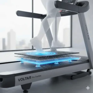Diagram of the advanced shock absorption and deck cushioning system on a high performance treadmill to reduce joint impact.