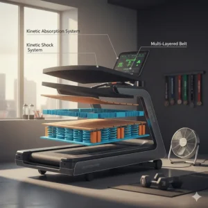 Close-up diagram showing treadmill deck cushioning designed to reduce joint impact during high-mileage training.
