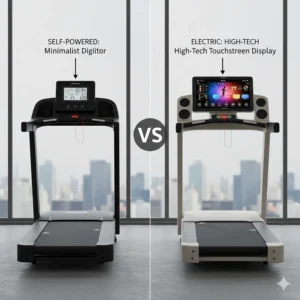 Comparison of a high-tech electric treadmill touchscreen versus a minimalist battery-powered manual treadmill monitor.