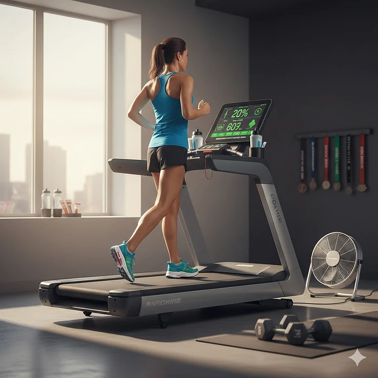Illustration of a treadmill at a steep incline to simulate hilly marathon course profiles. treadmill for marathon training