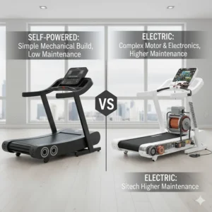 Illustration of the complex electrical components in a motorized treadmill compared to the simpler mechanical build of manual versions.