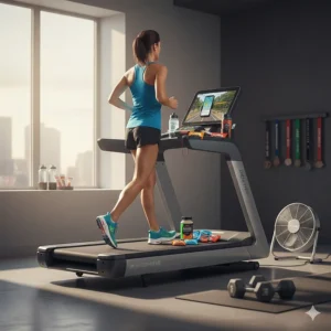 Illustration showing a runner practicing marathon fueling with water bottles and gels on a treadmill console.