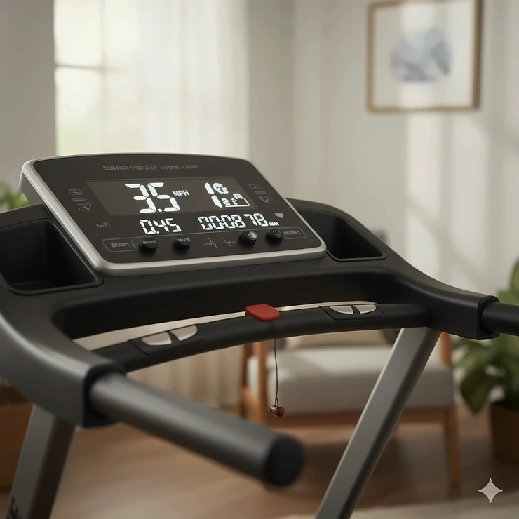 Illustration of an easy-to-read LCD monitor on a manual treadmill showing large digits for pulse, speed, and distance. manual treadmill for seniors