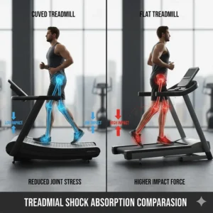 Diagram illustrating the difference in impact forces on knees and ankles between flat and curved running surfaces.