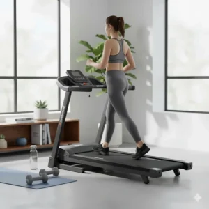 A person performing a cardio workout on a manual treadmill under $200 without using electricity.