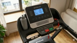 A close-up photorealistic view of the illuminated LCD console on a compact folding treadmill, clearly displaying speed, time, distance, and calories.
