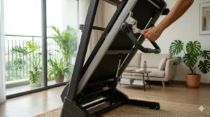 A diagram of an easy fold treadmill in its fully upright, folded position to save floor space.