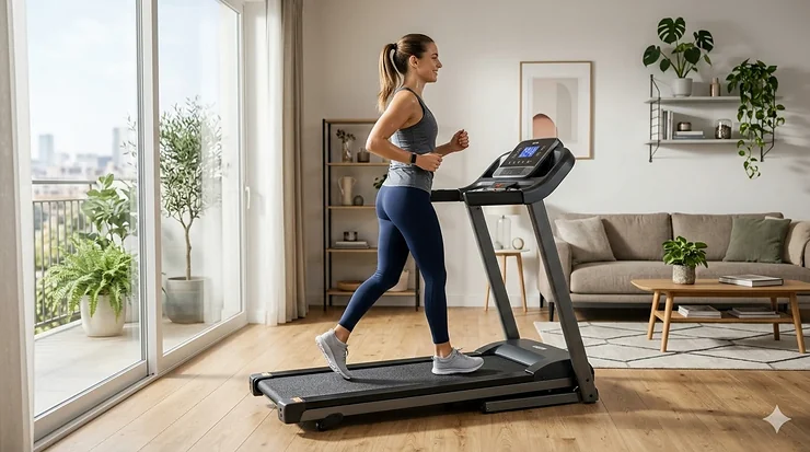 A sleek compact folding treadmill set up in a modern living room with a minimalist design.