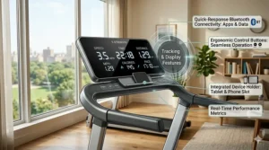 Illustration of a streamlined LCD console tracking speed and distance on a budget-friendly treadmill.