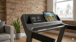 Minimalist LED display and tablet mount on a space-saving treadmill console.