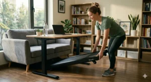 Illustration showing an under desk treadmill being easily slid horizontally under a sofa for space-saving storage.