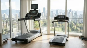 Side-by-side size comparison between a standard gym treadmill and a space-saving compact folding treadmill.