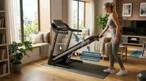 A close-up, photorealistic view showing the hydraulic folding mechanism of a space-saving treadmill, highlighting its smooth operation.