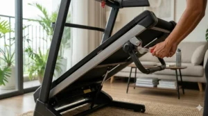 Illustration showing the simple lift-and-lock mechanism of an easy fold treadmill for quick storage.