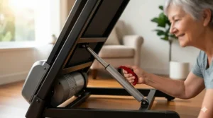 Close-up illustration of a hydraulic folding system on a treadmill designed for easy storage by seniors.