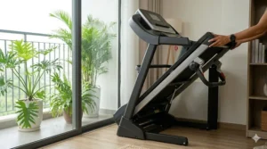 A high-resolution image of the easy fold treadmill completely folded vertically, demonstrating its small footprint in a living room.