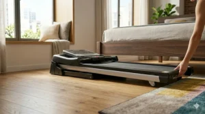 A photorealistic view of a compact treadmill folded completely flat and sliding smoothly under a low-profile platform bed.
