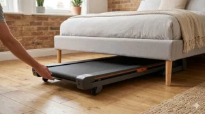 A low-profile space-saving treadmill being stored horizontally under a standard bed frame.