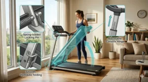 Illustration showing the easy-fold mechanism of a compact treadmill for quick storage.