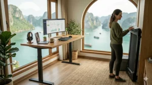 A photorealistic illustration showing a woman gently placing a protective cover over a compact under-desk treadmill that is stored vertically against a cabinet in a bright home office.