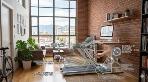 Illustration showing the easy folding mechanism of a space-saving treadmill for apartments.