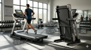 Comparison between a space-saving folding model and a fixed-frame heavy duty treadmill for professional use.