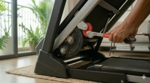 A photorealistic close-up of the specific robust folding hinge mechanism with a gear and safety pin locking system on an easy fold treadmill.
