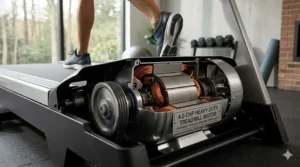 Close-up technical illustration of a powerful 4.0 CHP motor used in high-end heavy duty treadmills.